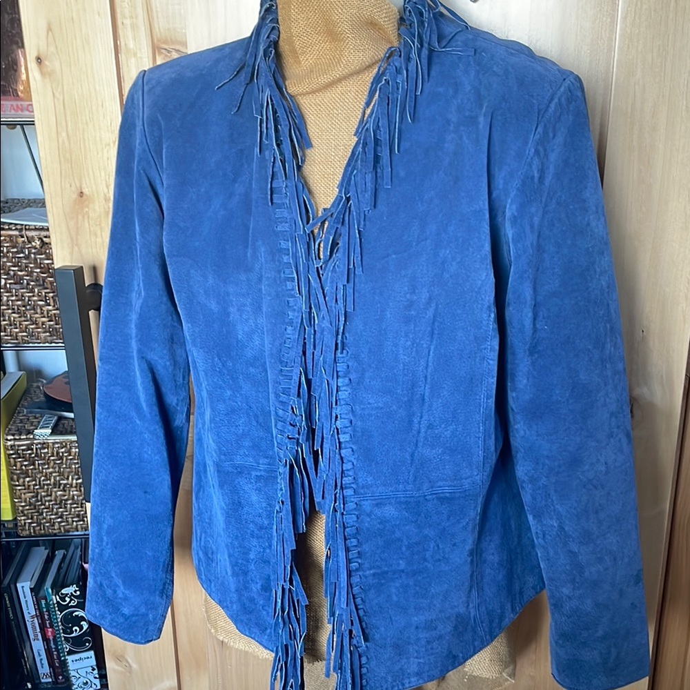 Vibrant Blue suede jacket with fringe trim